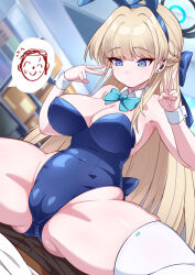 Rule 34 | 1girl, animal ears, doodle sensei (blue archive), blonde hair, blue archive, blue eyes, blue leotard, bow, bowtie, breasts, cameltoe, cleft of venus, detached collar, double v, fake animal ears, fat mons, halo, hanuma hanma, large breasts, leotard, long hair, looking down, official alternate costume, playboy bunny, rabbit ears, sensei (blue archive), solo, spread legs, strapless, strapless leotard, thighhighs, toki (blue archive), toki (bunny) (blue archive), v, very long hair, white thighhighs, wrist cuffs