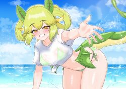 Rule 34 | 1girl, absurdres, beach, bent over, bikini, blue sky, blush, cowboy shot, dragon girl, dragon horns, dragon tail, dragon wings, duel monster, green bikini, green hair, green tail, green wings, highres, horns, looking at viewer, low wings, navel, ocean, oldsickkim, open mouth, parlor dragonmaid, see-through, shirt, side-tie bikini bottom, sky, smile, solo, splashing, swimsuit, tail, teeth, twintails, water, wet, wet clothes, wet shirt, wings, yellow eyes, yu-gi-oh!
