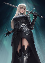 Rule 34 | 1girl, angelise reiter, armor, warrior of light (ff14), blue eyes, blurry, blurry background, boots, breasts, eyeshadow, final fantasy, final fantasy xiv, garlean, gloves, hair between eyes, highres, hip armor, holding, holding sword, holding weapon, june jenssen, large breasts, lips, long hair, looking at viewer, makeup, mascara, shoulder armor, solo, standing, sword, thigh boots, thighhighs, weapon, white hair
