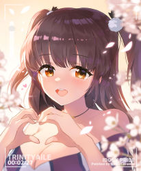 Rule 34 | 1girl, :d, apple caramel, artist name, bad id, bad pixiv id, bare shoulders, blurry, blurry foreground, blush, breasts, brown eyes, brown hair, cleavage, collarbone, commentary request, copyright name, depth of field, flower, hands up, heart, heart hands, highres, idoly pride, looking at viewer, medium breasts, off shoulder, open mouth, smile, solo, suzumura yuu, teeth, two side up, upper body, upper teeth only, white flower