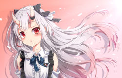 Rule 34 | 1girl, absurdres, bare shoulders, blue bow, blue bowtie, blush, bow, bowtie, center frills, detached sleeves, frilled shirt, frills, gradient hair, grey hair, hair flip, hair ribbon, highres, hololive, horns, looking at viewer, multicolored hair, nakiri ayame, nakiri ayame (girly), oni, parted lips, red eyes, red hair, ribbon, shirt, skin-covered horns, sleeveless, sleeveless shirt, solo, streaked hair, surprised, triangle mouth, upper body, virtual youtuber, white shirt, wind, yukikawa sara