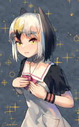 Rule 34 | 1girl, absurdres, bird wings, black-tailed gull (kemono friends), black hair, blonde hair, commentary, dress, grey background, hand on own chest, head wings, highres, kemono friends, long hair, looking at viewer, multicolored hair, pink ribbon, ribbon, sailor dress, short sleeves, signature, simple background, smile, solo, sparkle, welt (kinsei koutenkyoku), white hair, wings, wristband, yellow eyes