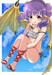 Rule 34 | 1girl, absurdres, ankle lace-up, bare arms, bare shoulders, bikini, black ribbon, blue sky, cloud, cross-laced clothes, cross-laced footwear, cross-laced legwear, dragon girl, dragon wings, fire emblem, fire emblem: the sacred stones, flat chest, floating, flying, frilled bikini, frills, full body, green wings, hair tie, highres, hugging own legs, knees, knees to chest, knees up, lace, light smile, long hair, looking at viewer, mashimaro tabetai, midriff, multi-tied hair, myrrh (fire emblem), nintendo, pale skin, parody, parted lips, purple hair, red eyes, ribbon, sandals, shin strap, shiny skin, sky, solo, spaghetti strap, style parody, swimsuit, thighs, toeless footwear, toes, twintails, white bikini, wings, yellow wings