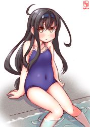 Rule 34 | 1girl, alternate costume, artist logo, black hair, blue hairband, blue one-piece swimsuit, brown eyes, collarbone, commentary request, competition school swimsuit, covered navel, dated, hairband, hatsushimo (kancolle), hatsushimo kai ni (kancolle), highres, kanon (kurogane knights), kantai collection, long hair, looking at viewer, low-tied long hair, one-piece swimsuit, poolside, school swimsuit, simple background, sitting, soaking feet, solo, swimsuit, white background