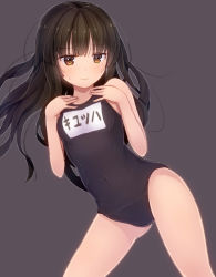 Rule 34 | 10s, 1girl, alternate costume, bare arms, bare shoulders, black background, blunt bangs, blush, brown eyes, brown hair, hatsuyuki (kancolle), hime cut, kantai collection, long hair, minarai shachou, name tag, one-piece swimsuit, school swimsuit, simple background, solo, sweatdrop, swimsuit