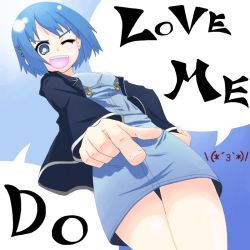 Rule 34 | 10s, 1girl, :d, bad id, bad pixiv id, blazer, blue eyes, blue hair, casual, female focus, foreshortening, from below, gradient background, hair ornament, hairclip, heart, heart in mouth, jacket, mahou shoujo madoka magica, mahou shoujo madoka magica (anime), matching hair/eyes, miki sayaka, one eye closed, open mouth, overalls, pointing, repunit, short hair, smile, solo, wink