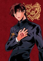 Rule 34 | 1boy, bad id, bad pixiv id, brown eyes, brown hair, command spell, cross, cross necklace, fate/zero, fate (series), hand on own chest, jewelry, kotomine kirei, male focus, naiya, necklace, solo