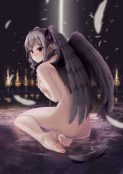 Rule 34 | 1girl, ass, back, barefoot, bdsm, bird wings, black collar, black wings, blush, breast hold, breasts, casino (casinoep), chain, collar, completely nude, covering privates, covering breasts, drill hair, feathered wings, feathers, feet, frilled ribbon, frills, from behind, full body, hair ornament, hair ribbon, highres, idolmaster, idolmaster cinderella girls, kanzaki ranko, lantern, legs, long hair, looking at viewer, looking back, medium breasts, night, non-web source, nude, open mouth, outdoors, partially submerged, plantar flexion, purple ribbon, red eyes, ribbon, sidelocks, silver hair, sitting, slave, soles, solo, toes, twin drills, twintails, water, wings