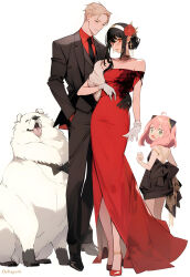 Rule 34 | 1boy, 2girls, ahoge, ai-assisted, alternate costume, alternate hairstyle, animal, animal ears, animal nose, anya (spy x family), artist name, back, back bow, bare back, bare shoulders, black bow, black bowtie, black dress, black footwear, black gloves, black hair, black jacket, black necktie, black pants, black vest, blonde hair, blush, bond (spy x family), bow, bowtie, breasts, child, closed eyes, closed mouth, collarbone, collared jacket, collared shirt, cross, cross earrings, deltapork, dog, dog ears, dress, earrings, family, father and daughter, flower, formal, from behind, full body, gloves, green eyes, hair between eyes, hair bun, hair flower, hair ornament, hairband, hairpods, hand in pocket, hand up, high heels, highres, husband and wife, jacket, jewelry, long sleeves, looking at viewer, looking back, medium breasts, mother and daughter, multiple girls, necktie, off-shoulder dress, off shoulder, open clothes, open jacket, open mouth, pants, pet, pink hair, red dress, red eyes, red flower, red footwear, red rose, red shirt, ring, rose, shirt, shoes, short hair, short hair with long locks, short sleeves, sidelocks, simple background, sleeveless, sleeveless dress, smile, spy x family, standing, strapless, strapless dress, suit, teeth, tongue, tongue out, twilight (spy x family), vest, white background, white fur, white gloves, white hairband, yor briar