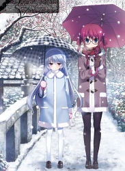 Rule 34 | 2girls, aged down, black legwear, blue coat, blue eyes, braid, brown coat, brown footwear, brown gloves, cloud, cloudy sky, coat, day, floating hair, full body, fumio (ura fmo), fur trim, glasses, gloves, grey umbrella, grisaia (series), grisaia no meikyuu, hair between eyes, hair ribbon, hairband, highres, holding, holding umbrella, kazami kazuki, loafers, long hair, looking at viewer, mittens, multiple girls, outdoors, pantyhose, pink mittens, red scarf, red umbrella, ribbon, scarf, shiny clothes, shoes, silver hair, sky, smile, snow, snowing, standing, suou amane, swept bangs, twin braids, umbrella, very long hair, white hairband, white legwear, white ribbon, winter clothes, winter coat