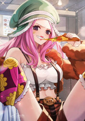 Rule 34 | 1girl, anti-eyebrow piercing, bare shoulders, commentary request, crop top, eating, food, green hat, hachimitsu monte, hat, holding, holding food, holding pizza, jewelry bonney, lips, lipstick, long hair, looking at viewer, makeup, one piece, pink hair, pizza, red lips, signature, smile, solo, teeth