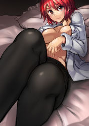 Rule 34 | 1girl, ayakumo, black pantyhose, blazer, breasts, frilled pillow, frills, highres, horikawa raiko, jacket, large breasts, leg up, long sleeves, looking at viewer, lying, midriff, no pants, no shirt, on back, open clothes, open jacket, pantyhose, pillow, red eyes, red hair, smile, solo, touhou