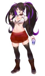 Rule 34 | 1girl, black choker, black hair, black thighhighs, boots, breasts, choker, cleavage, collarbone, commentary, hair over one eye, harukagi, holding, large breasts, multicolored hair, navel, original, purple hair, red skirt, school uniform, simple background, skirt, solo, thighhighs, twintails, two-tone hair, white background