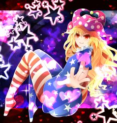 Rule 34 | 1girl, american flag dress, american flag legwear, american flag shirt, arano oki, blonde hair, closed mouth, clownpiece, full body, hat, heart, jester cap, long hair, looking at viewer, outstretched arm, pantyhose, polka dot, red eyes, shirt, short sleeves, smile, solo, star (symbol), star print, striped clothes, striped pantyhose, touhou