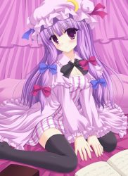 Rule 34 | 1girl, :&lt;, bed, blush, book, bow, breasts, cleavage, crescent, female focus, hair bow, hat, highres, long hair, patchouli knowledge, purple eyes, purple hair, shimotsuki keisuke, sitting, solo, thighhighs, touhou, wariza, zettai ryouiki