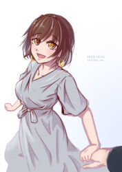 Rule 34 | 1girl, 1other, brown hair, canoka, cowboy shot, dragging, dress, furutaka (kancolle), grey dress, kantai collection, looking at viewer, official alternate costume, one-hour drawing challenge, orange eyes, short hair, simple background, smile, white background