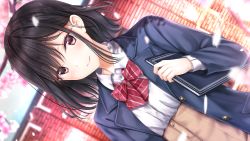 Rule 34 | 1girl, ai kiss 2, black hair, blush, book, bow, bowtie, breasts, brown eyes, closed mouth, diagonal-striped neckwear, dutch angle, female focus, floating hair, game cg, giga (company), hand up, happy, highres, holding, holding book, jacket, kanno junko, kirisawa saki, looking at viewer, medium hair, original, outdoors, petals, school uniform, small breasts, smile, solo, standing, striped bow, striped bowtie, striped clothes, striped neckwear, tree, upper body