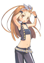 Rule 34 | &gt;:o, 00s, 1girl, :o, adjusting hair, angry, antenna hair, armpits, arms up, bandeau, bandeau bikini, bare shoulders, belt, belt skirt, blush, bow, brown eyes, brown hair, cool &amp; sexy (idolmaster), cowboy shot, cropped vest, flat chest, floating hair, from side, hair bow, hairband, high collar, idolmaster, idolmaster (classic), idolmaster 1, kuroboshi kouhaku, long hair, looking at viewer, midriff, minase iori, navel, open clothes, open fly, open mouth, open vest, pants, pointing, simple background, single vertical stripe, solo, standing, star (symbol), star print, tsundere, unzipped, v-shaped eyebrows, vest, white background, wristband
