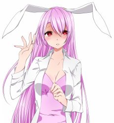 Rule 34 | 1girl, animal ears, breasts, rabbit ears, cleavage, collarbone, heart, heart-shaped pupils, highres, large breasts, long hair, looking at viewer, nail polish, parted lips, purple hair, red eyes, reisen udongein inaba, solo, symbol-shaped pupils, touhou, very long hair, yukina (masyumaro610)