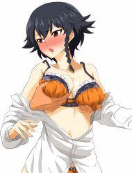 Rule 34 | 1boy, 1girl, bikini, bikini under clothes, black hair, blush, braid, grabbing another&#039;s breast, breasts, clothes pull, disembodied hand, girls und panzer, grabbing, hetero, highres, large breasts, off shoulder, open clothes, open mouth, open shirt, pepperoni (girls und panzer), red eyes, shirt pull, short hair, side braid, swimsuit, umeta shirisuke