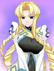 Rule 34 | 1girl, angry, blonde hair, blue eyes, breasts, drill hair, highres, hou (hachiyou), large breasts, long hair, marguerite leeds, marguerite pistail, quad tails, simple background, solo, super robot wars, super robot wars z, super robot wars z2