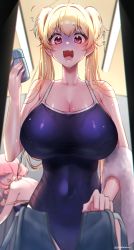 Rule 34 | 2girls, :d, ?, absurdres, bag, blonde hair, blush, breasts, cleavage, covered navel, cowboy shot, duffel bag, fang, highres, huge breasts, impossible clothes, impossible swimsuit, ive (yayoi maka), long hair, looking at viewer, multiple girls, one-piece swimsuit, open mouth, original, pov, red eyes, smile, solo focus, swimsuit, towel, twintails, undressing, yayoi maka