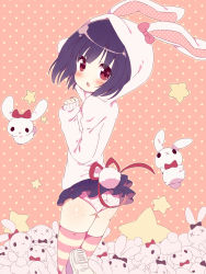 Rule 34 | 1girl, :o, :x, animal ears, animal hood, ass, blue hair, blush, bow, female focus, from behind, heart, highres, hood, hoodie, kimoko, looking back, open mouth, original, panties, pantyshot, polka dot, polka dot background, polka dot panties, purple hair, rabbit, rabbit ears, rabbit hood, rabbit tail, red eyes, ribbon, shoes, short hair, skirt, sleeves past wrists, sneakers, solo, striped clothes, striped thighhighs, stuffed animal, stuffed rabbit, stuffed toy, tail, thighhighs, underwear, upskirt, x x