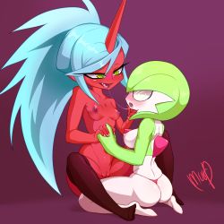 Rule 34 | 2girls, @ @, ass, black legwear, blue hair, blush, breasts, collarbone, creatures (company), crossover, demon girl, drooling, fang, female focus, from behind, game freak, gardevoir, gen 3 pokemon, green eyes, green hair, half-closed eyes, hand up, hands up, highres, horns, hypnosis, kneeling, kneesocks (psg), long hair, looking down, medium breasts, mind control, mrploxykun, multicolored eyes, multiple girls, navel, nintendo, nipples, nude, open mouth, panty &amp; stocking with garterbelt, pokemon, pokemon (creature), pokemon rse, ponytail, purple background, pussy, saliva, saliva trail, short hair, signature, simple background, single horn, sitting, small breasts, smile, spread legs, teeth, text focus, thighhighs, thong, tongue, tongue out, topless, uncensored, underwear, yellow eyes, yuri