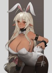 Rule 34 | 1girl, animal ears, antenna hair, armband, bow, bowtie, breasts, brown eyes, brown pantyhose, closed mouth, cup, dark-skinned female, dark skin, detached collar, fake animal ears, fishnet pantyhose, fishnets, grey hair, hairband, highres, holding, holding cup, large breasts, leotard, long hair, looking at viewer, pantyhose, playboy bunny, pointy ears, rabbit ears, sansei muramasa, solo, soukou akki muramasa, terupancake, very long hair, white bow, white bowtie, wing collar, wrist cuffs