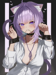 Rule 34 | 1girl, absurdres, ahoge, almondrake, animal collar, animal ear fluff, animal ears, black collar, blush, breasts, cat ears, cat girl, cat tail, chain, cleavage, collar, heart, highres, hololive, large breasts, looking at viewer, medium hair, naked shirt, nekomata okayu, nekomata okayu (oversized shirt), purple eyes, purple hair, purple ribbon, ribbon, shirt, smile, tail, virtual youtuber, white shirt