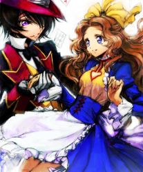 Rule 34 | 10s, 1boy, 1girl, alice in wonderland, apron, black hair, blue dress, blue eyes, bow, brother and sister, brown hair, c (rahit), card, cleavage cutout, clothing cutout, code geass, code geass: nunnally in wonderland, corset, dress, floating card, gloves, hair bow, hair ornament, holding hands, hat, heart, heart cutout, hetero, jacket, lelouch vi britannia, light smile, long hair, necktie, nunnally vi britannia, playing card, purple eyes, rahit, short dress, short hair, siblings, unusually open eyes, waist apron, waistcoat, white gloves