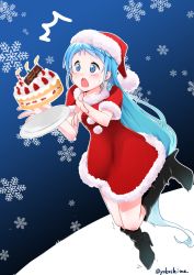 Rule 34 | 10s, 1girl, alternate costume, black footwear, blue eyes, blue hair, blush, boots, cake, candle, christmas, dropping, food, hat, kantai collection, knee boots, long hair, matching hair/eyes, open mouth, outline, plate, samidare (kancolle), santa costume, santa hat, snowflake background, solo, ^^^, surprised, tripping, twitter username, very long hair, white outline, yokoshima (euphoria)