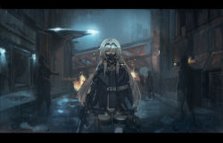 Rule 34 | 1girl, 3others, an-94, an-94 (girls&#039; frontline), assault rifle, blonde hair, blue eyes, burning, chinese commentary, cityscape, commentary request, crossover, dual wielding, girls&#039; frontline, gun, highres, holding, letterboxed, mai (xskdizzy), mask, mouth mask, multiple others, one eye covered, outdoors, parody, radio, resident evil, resident evil 2, resident evil 2 (remake), rifle, sky, standing, tactical clothes, weapon, zombie