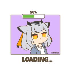 Rule 34 | 1girl, arknights, artist name, battery indicator, blush stickers, border, chibi, english text, feathers, grey hair, grey jacket, highres, jacket, kuhl-notes, medium hair, open clothes, open jacket, open mouth, orange eyes, ptilopsis (arknights), purple background, simple background, upper body, white border