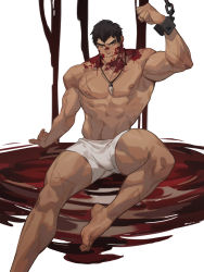Rule 34 | 1boy, abs, absurdres, amo (amo9612), bara, black hair, blood, blood on face, boxers, bulge, chain, chained, dark-skinned male, dark skin, dota: dragon&#039;s blood, dota (series), dota 2, dragon knight (dota), facial hair, foot out of frame, forked eyebrows, goatee, highres, jewelry, large pectorals, light blush, looking at viewer, male focus, male underwear, mature male, muscular, muscular male, navel, navel hair, necklace, nipples, paid reward available, pectorals, pool of blood, scar, scar on chest, short hair, sideburns, solo, stomach, stubble, thick thighs, thighs, tooth necklace, underwear, underwear only, white male underwear