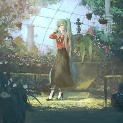 Rule 34 | 1girl, absurdres, alternate costume, blurry, bow, bowtie, depth of field, faux traditional media, flower, fountain, garden, green eyes, green hair, greenhouse, hand up, hatsune miku, high heels, highres, indoors, lace, lace-trimmed skirt, lace trim, light rays, long hair, plant, potted plant, saisho (qpoujr), scenery, skirt, sky, solo, sunlight, table, tree, twintails, very long hair, vocaloid