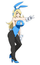 Rule 34 | 1girl, absurdres, animal ears, blonde hair, blush, breasts, center opening, cleavage, creatures (company), cynthia (pokemon), fake animal ears, fishnet pantyhose, fishnets, full body, game freak, gloves, hair over one eye, highres, large breasts, leotard, long hair, mantan, nintendo, pantyhose, playboy bunny, pokemon, pokemon dppt, rabbit ears, sideboob, simple background, smile, solo, v, white background