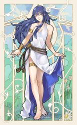Rule 34 | absurdres, alternate costume, armlet, art nouveau, bare legs, barefoot, blue eyes, blue hair, bracelet, clothes lift, dress, dress lift, fire emblem, fire emblem awakening, fire emblem heroes, flower, highres, jewelry, long hair, looking to the side, lucina (fire emblem), lucina (valentine) (fire emblem), nintendo, rope belt, smile, solo, thefarelo, thighlet, toes, white dress, white flower