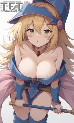 Rule 34 | 1girl, :o, absurdres, ai-assisted, artist name, bare shoulders, blonde hair, blush stickers, breasts, choker, cleavage, collarbone, cowboy shot, dark magician girl, duel monster, green eyes, hair between eyes, highres, holding, holding scepter, large breasts, long hair, looking at viewer, scepter, simple background, solo, touchfluffytail (pixiv 90121409), very long hair, watermark, yu-gi-oh!
