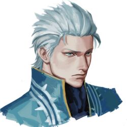 Rule 34 | 1boy, bishounen, blue coat, blue eyes, closed mouth, coat, devil may cry, devil may cry (series), devil may cry 3, expressionless, hair slicked back, male focus, morelemontea, vergil (devil may cry), white hair