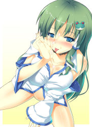 Rule 34 | 1girl, bare shoulders, blue eyes, blush, bottomless, breasts, cleavage, cum, cum on body, cum on upper body, detached sleeves, frog, frog hair ornament, green hair, hair ornament, ichio, kochiya sanae, large breasts, licking, no pussy, off shoulder, simple background, sitting, snake, solo, tongue, touhou
