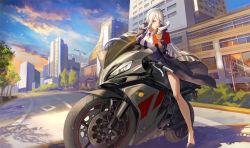 Rule 34 | 1girl, achyue, black necktie, blush, breasts, gloves, high heels, large breasts, long hair, looking at viewer, motor vehicle, motorcycle, necktie, parted lips, red eyes, smile, solo, white gloves, white hair