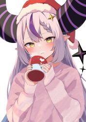 Rule 34 | 1girl, :&lt;, alternate costume, black horns, braid, braided bangs, cup, grey hair, hair ornament, hat, heart, highres, holding, holding cup, hololive, horns, la+ darknesss, long hair, multicolored hair, nicky0, pink sweater, pointy ears, purple hair, santa hat, simple background, sleeves past wrists, solo, star (symbol), star hair ornament, streaked hair, striped horns, sweater, virtual youtuber, white background, yellow eyes