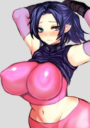 Rule 34 | 1girl, arms behind head, blue eyes, blue hair, breasts, curvy, detached sleeves, covered erect nipples, female focus, gloves, groin, huge breasts, matching hair/eyes, midriff, navel, original, pointy ears, ponytail, solo, standing, wide hips, zinnruisaikyou