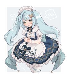 Rule 34 | 1girl, alternate costume, apron, aqua hair, blue dress, blush, dress, enmaided, faruzan (cafe) (genshin impact), faruzan (genshin impact), frilled apron, frills, genshin impact, hair ornament, highres, long hair, looking at viewer, maid, maid apron, maid headdress, nanakusa yomogi, official alternate costume, open mouth, puffy sleeves, short sleeves, solo, symbol-shaped pupils, thighhighs, triangle-shaped pupils, twintails, waist apron, white apron, white thighhighs, white wrist cuffs, wrist cuffs, x hair ornament