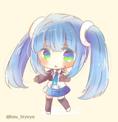 Rule 34 | 1girl, :o, anchor print, azur lane, beige background, black jacket, black thighhighs, blue eyes, blue hair, blue necktie, blue skirt, blush, chibi, collared shirt, commentary request, cropped jacket, full body, green eyes, hair between eyes, hand up, jacket, kou hiyoyo, long hair, long sleeves, looking at viewer, multicolored eyes, necktie, open clothes, open jacket, parted lips, pleated skirt, shirt, sidelocks, skirt, solo, standing, standing on one leg, thighhighs, twintails, twitter username, v, very long hair, vincennes (azur lane), white shirt