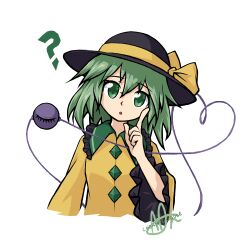 Rule 34 | 1girl, ?, black hat, blouse, bow, buttons, chennydoodle, cropped torso, diamond button, eyeball, frilled shirt collar, frilled sleeves, frills, green eyes, hand up, hat, hat bow, hat ribbon, head tilt, heart, heart of string, komeiji koishi, light green hair, long sleeves, looking at viewer, medium hair, ribbon, shirt, signature, simple background, solo, surprised, third eye, touhou, wavy hair, white background, wide sleeves, yellow bow, yellow ribbon, yellow shirt