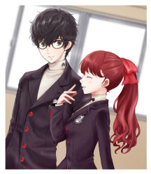 1boy 1girl amamiya_ren arm_up black_hair black_jacket breasts erimiyaman facing_to_the_side glasses grin hair_between_eyes hair_ribbon highres indoors jacket laughing long_hair long_sleeves looking_at_viewer looking_to_the_side open_mouth persona persona_5 persona_5_the_royal ponytail red_hair red_ribbon ribbon school_uniform short_hair shuujin_academy_school_uniform smile teeth upper_body window yoshizawa_kasumi