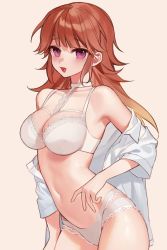 Rule 34 | 1girl, :d, bare shoulders, bra, breasts, collarbone, commentary request, cowboy shot, highres, hololive, hololive english, large breasts, lingerie, long hair, looking at viewer, navel, open clothes, open mouth, open shirt, orange hair, panties, pink background, pink eyes, shirt, short sleeves, simple background, smile, smilesmile1312, solo, stomach, takanashi kiara, underwear, undressing, virtual youtuber, white bra, white panties, white shirt