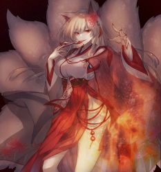 Rule 34 | 1girl, animal ears, between fingers, blonde hair, breasts, fingernails, fire, floral print, flower, flower knight girl, fox ears, fox tail, hair ornament, hand up, higanbana (flower knight girl), highres, kitsune, kyuubi, large breasts, long hair, looking at viewer, mouth hold, multiple tails, nail polish, ofuda, ofuda between fingers, red eyes, red nails, sharp fingernails, solo, spider lily, spider lily print, tail, talisman, wide sleeves, yononaka